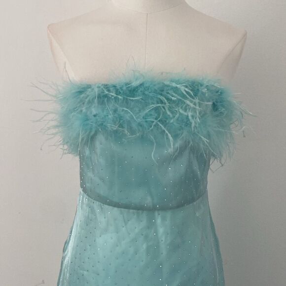 Vintage Turquoise Blue Formal Maxi Dress with Sparkles,Train, and Feathers - Picture 3 of 13